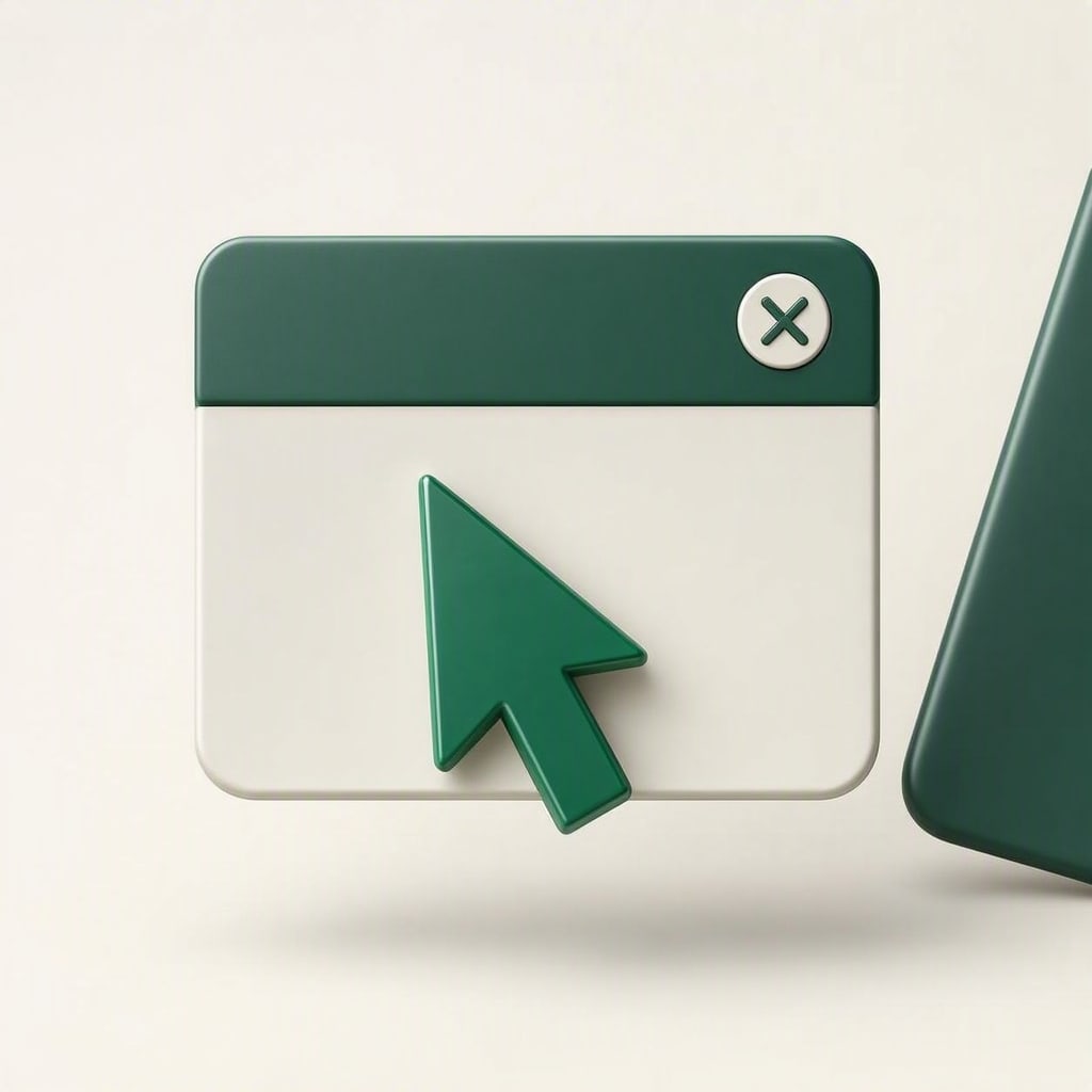 3D browser window with green header, close button, and cursor pointer icon on beige background