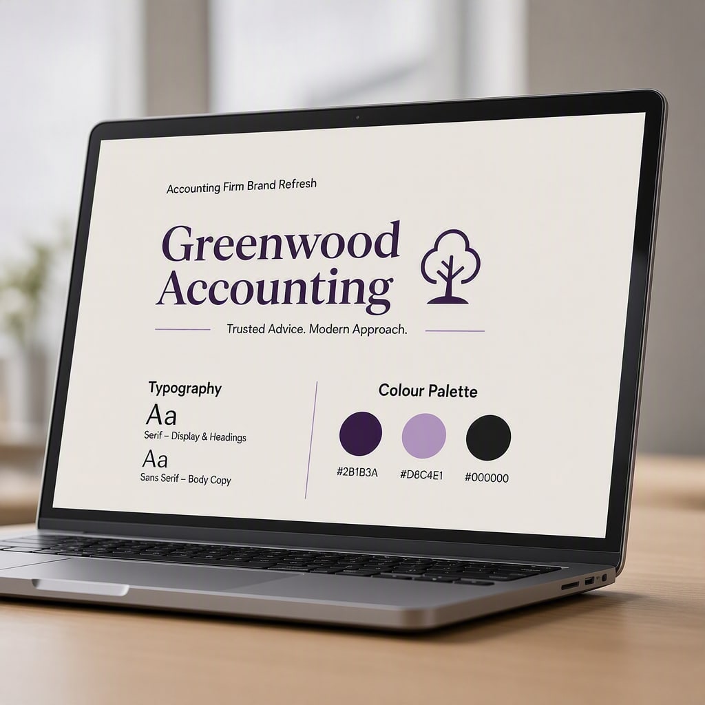 Laptop displaying Greenwood Accounting brand refresh with logo, tagline 'Trusted Advice. Modern Approach.', typography guidelines, and purple color palette