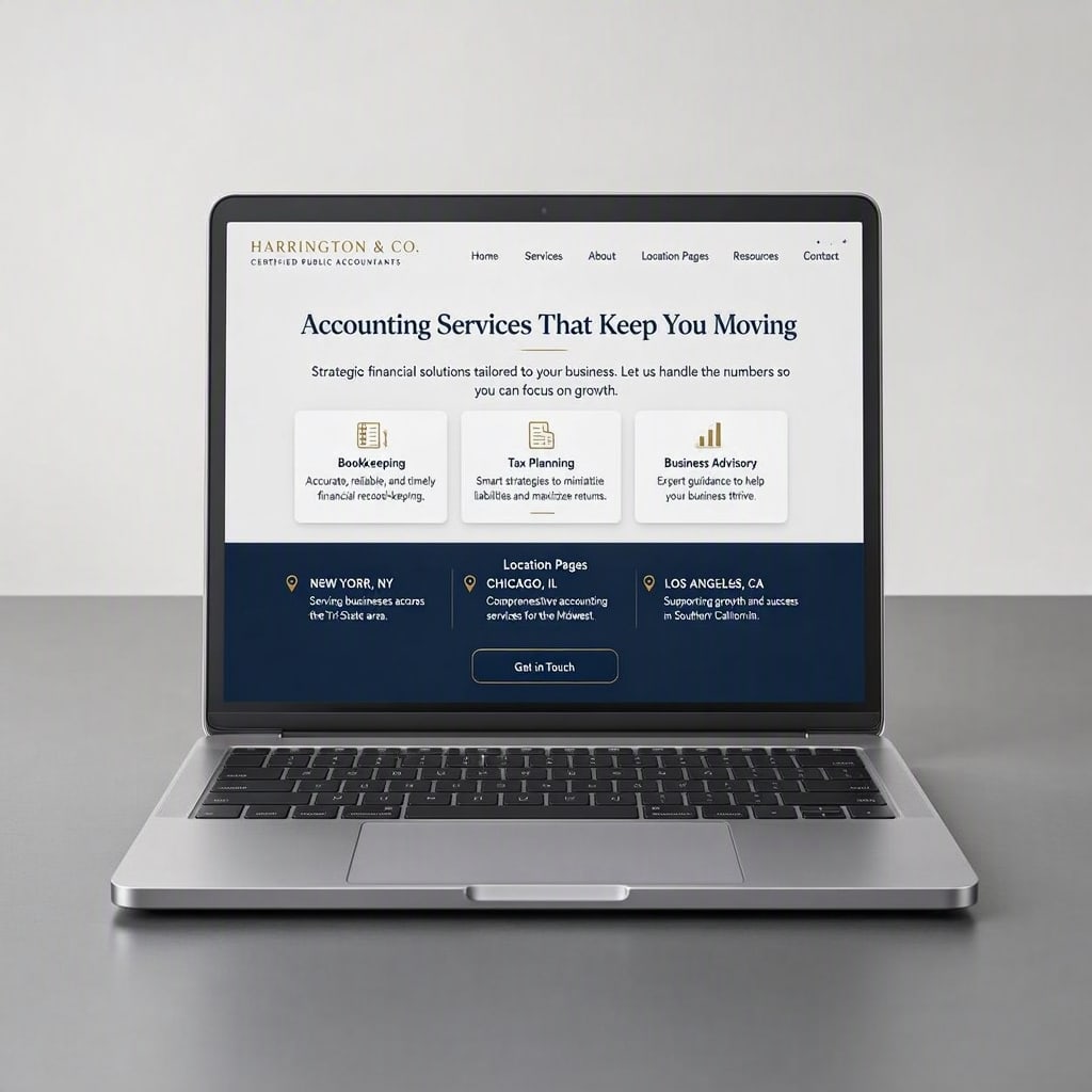 Silver laptop displaying Harrington & Co. Certified Public Accountants website showcasing accounting services including bookkeeping, tax planning, and business advisory with office locations in New York, Chicago, and Los Angeles