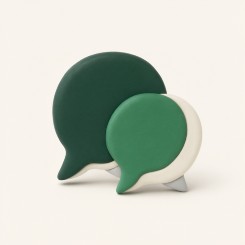Two overlapping green speech bubbles with a dark teal larger bubble behind a lighter green smaller bubble on a cream background, representing communication and dialogue for accounting firms