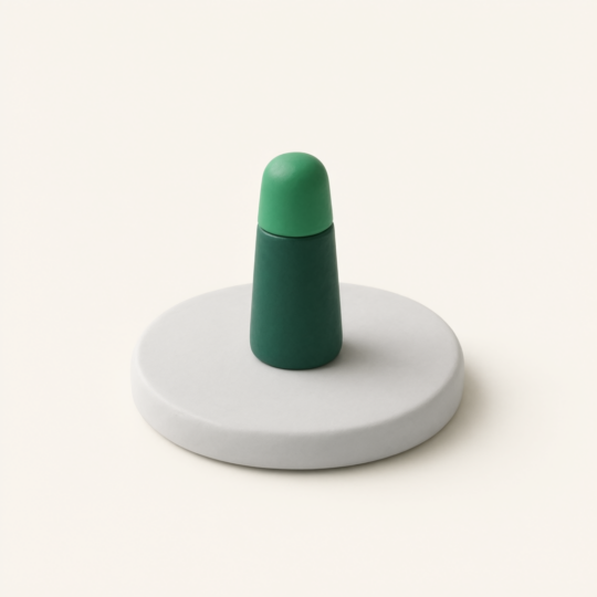 Green cone-shaped object standing on a white circular base against a beige background, symbolizing positioning and strategic placement