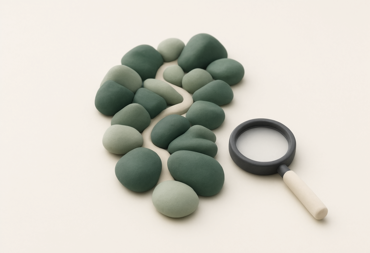 Magnifying glass examining green and sage colored spheres representing detailed financial analysis and audit services