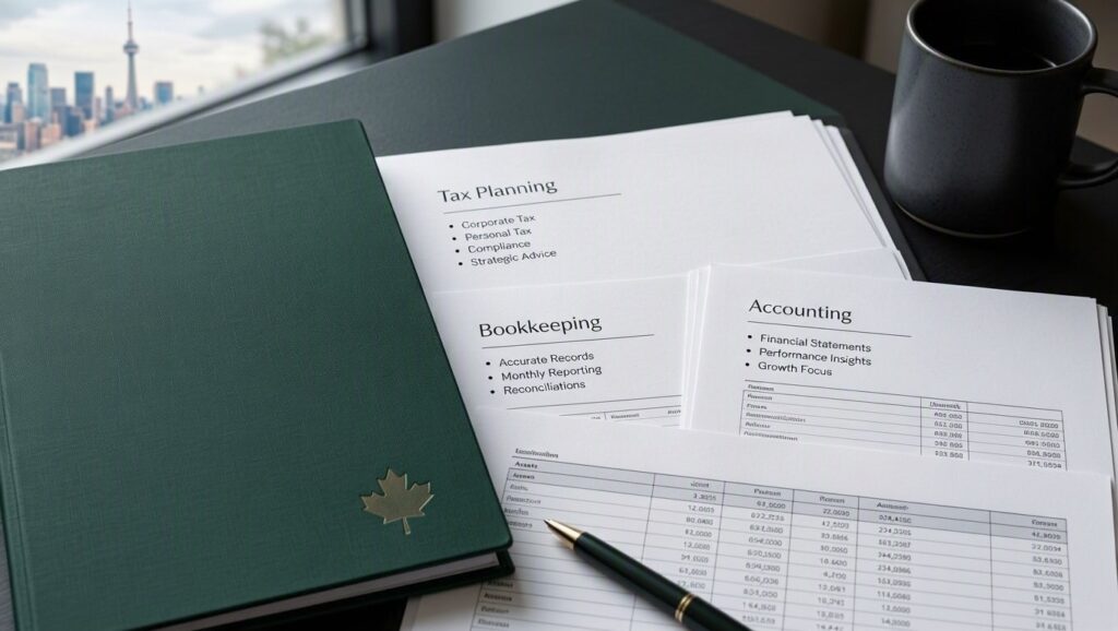 Canadian accounting firm documents displayed on a modern office desk with a green folder featuring a maple leaf, open pages showing tax planning, bookkeeping, and accounting services with financial statements and data tables, black coffee mug, and Toronto skyline visible through window