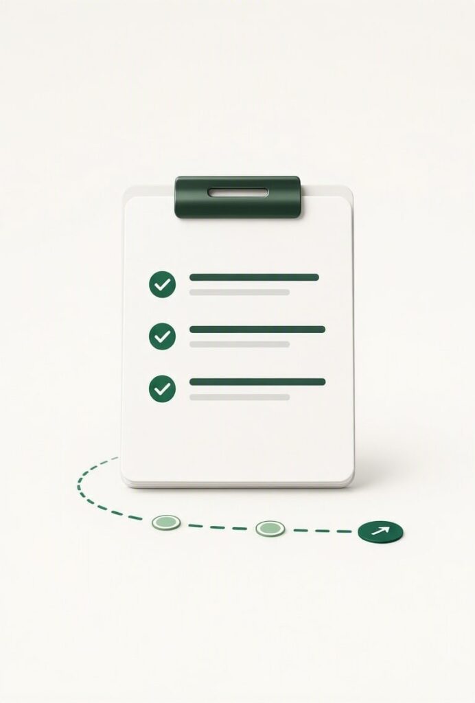 Checklist clipboard showing three completed items with green checkmarks and a progress journey path below