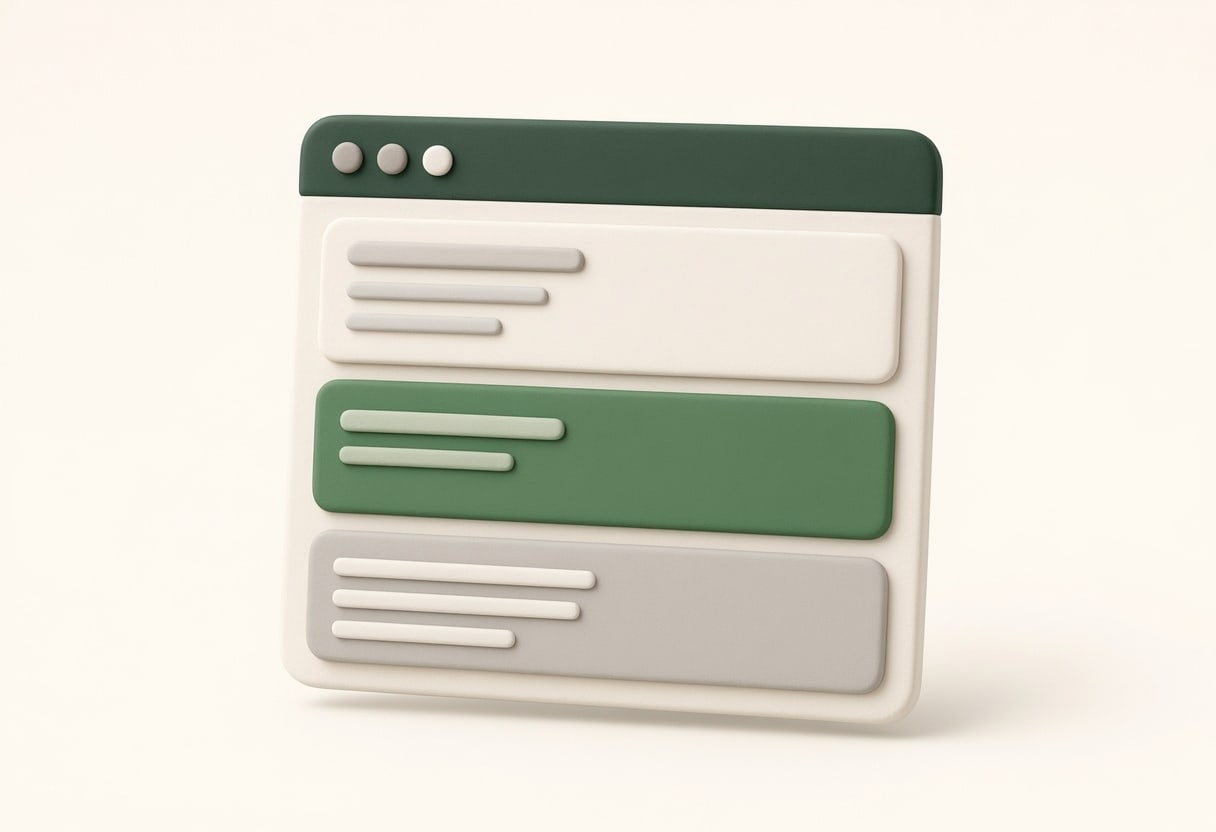 Claymorphism browser window mockup displaying three content sections in green and gray tones with control buttons at the top