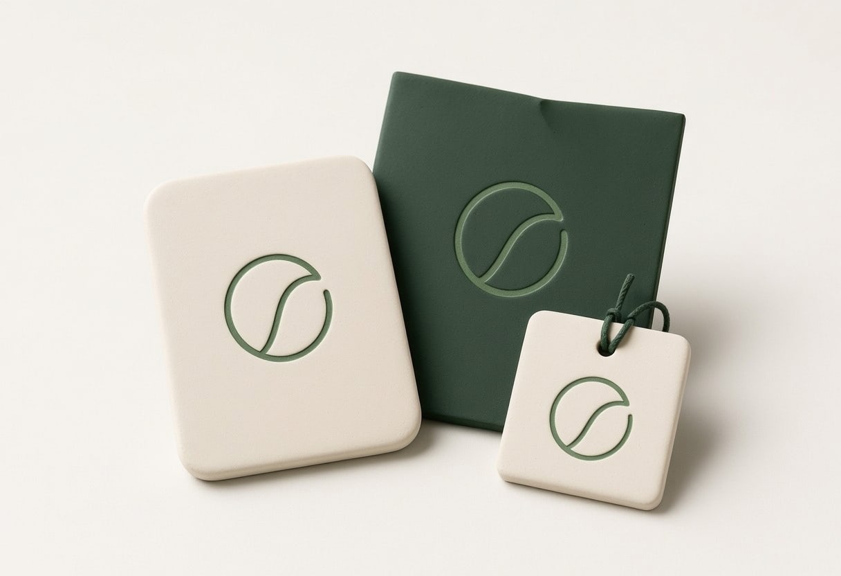 Eco-friendly branding mockup featuring a cream colored box, forest green box, and small cream tag, each displaying a circular leaf logo in muted green tones