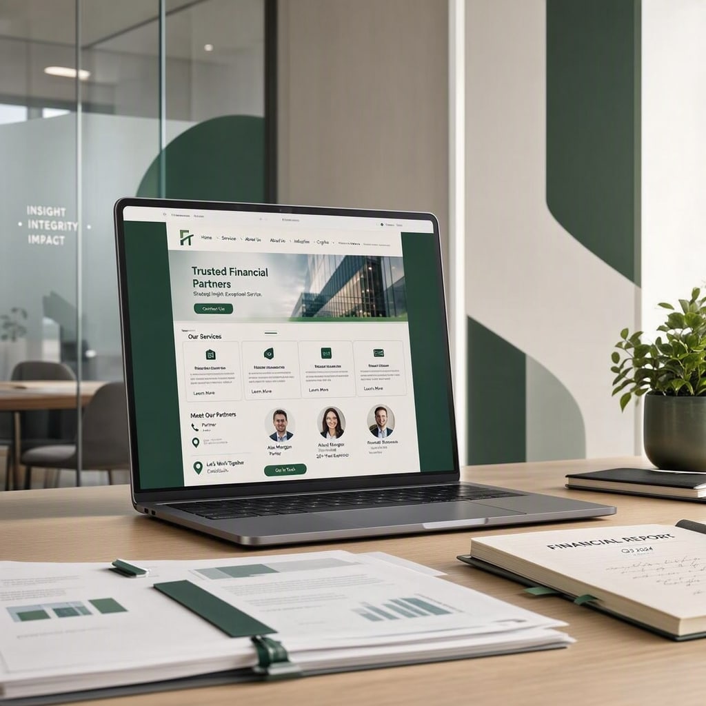 Laptop displaying a financial advisory firm's website featuring 'Trusted Financial Partners' messaging, positioned on a wooden desk in a professional office workspace with green and white corporate branding visible on glass panels behind the laptop, alongside printed financial documents and a potted plant