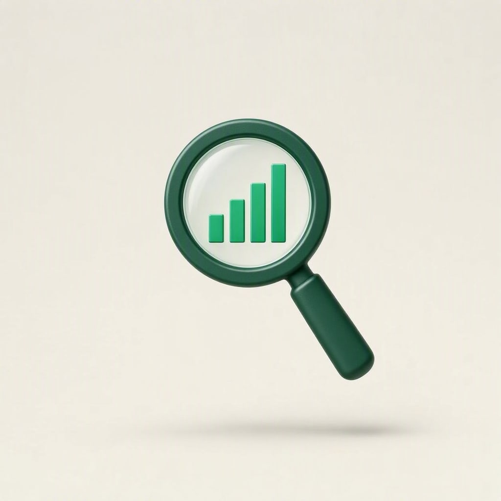 Green magnifying glass with ascending bar chart data visualization for business analysis and accounting services