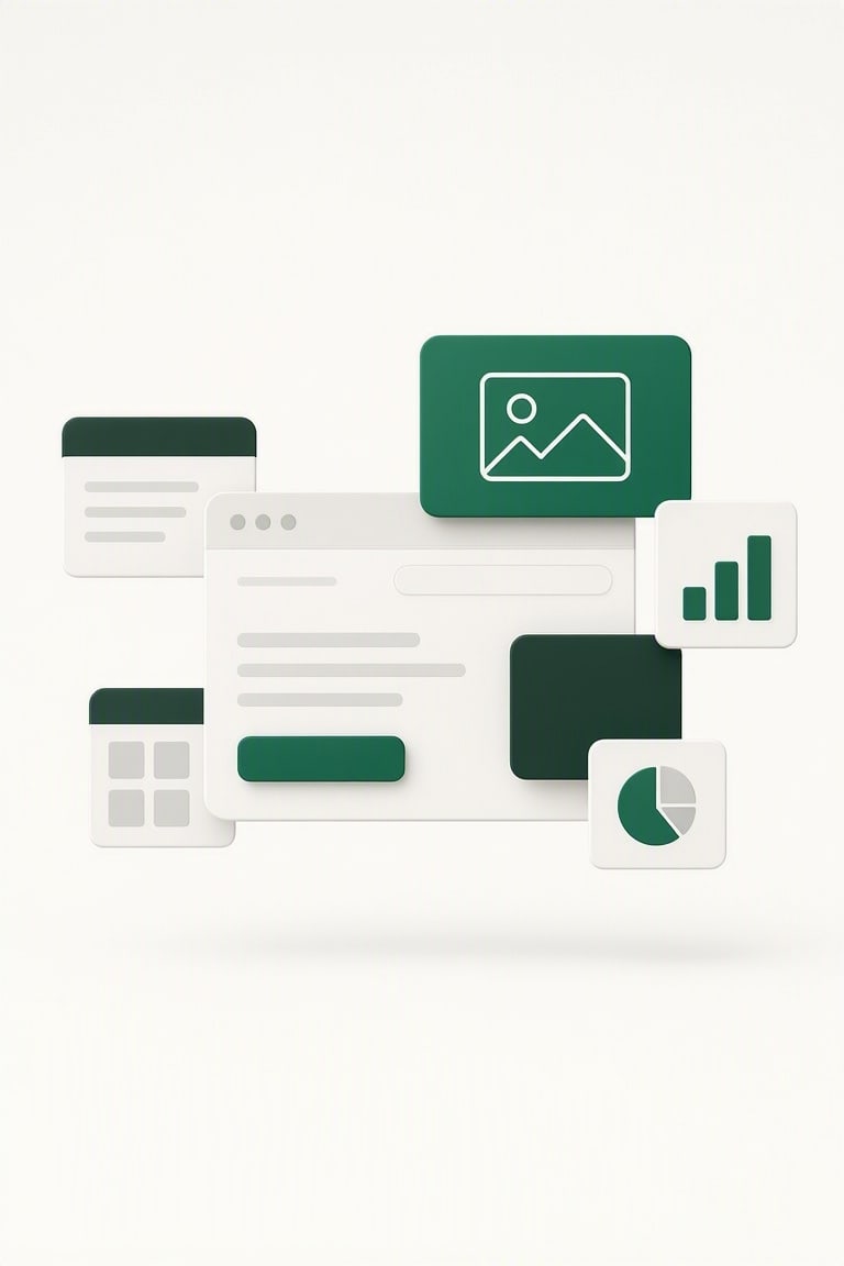 Digital dashboard mockup illustration featuring accounting and financial analysis tools with green accents including charts, graphs, and data visualization elements