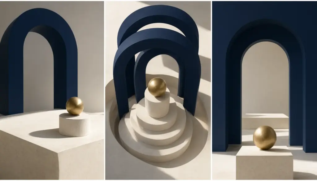 Brass sphere on an ivory pedestal framed by deep blue architectural arches