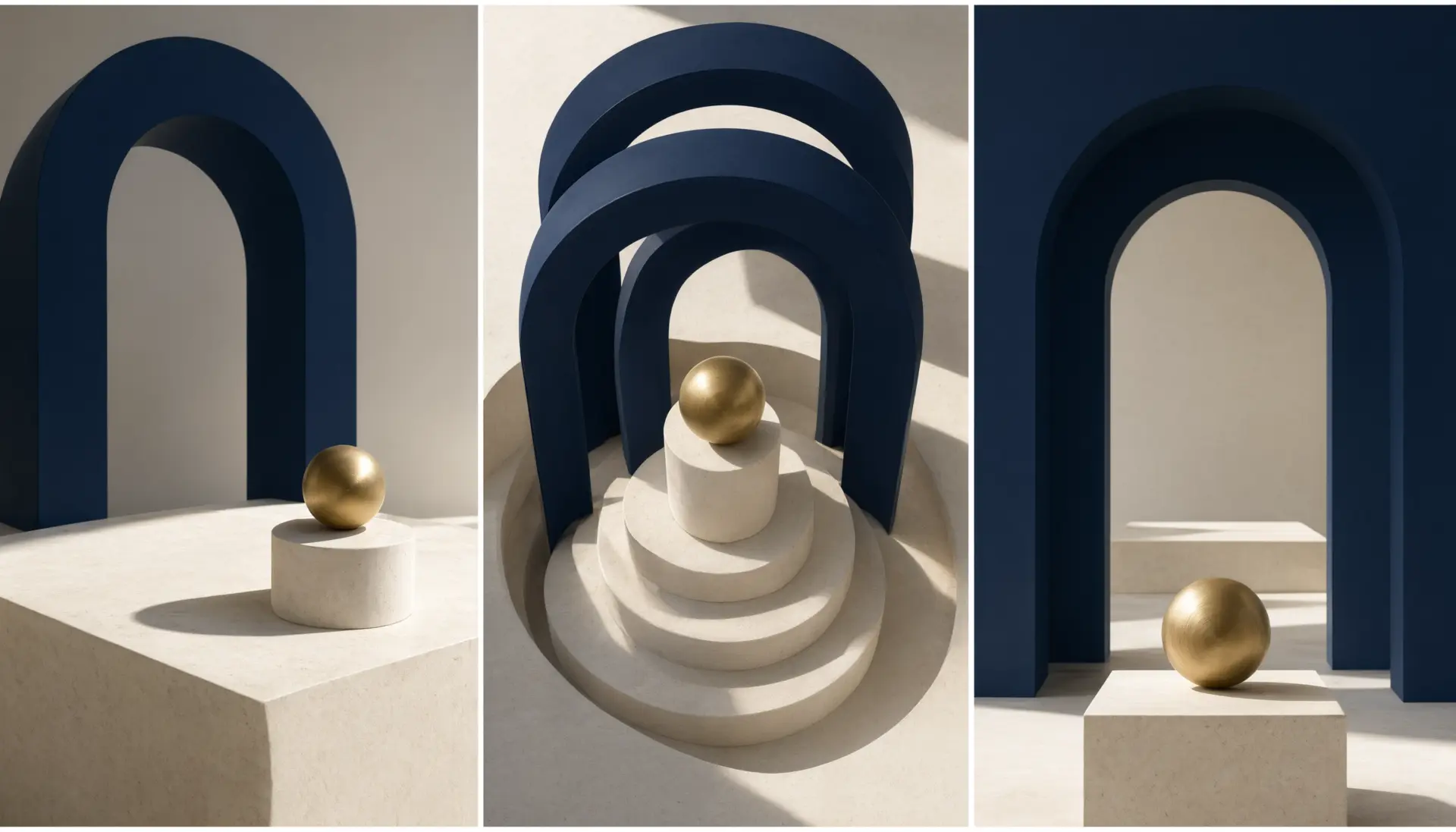 Brass sphere on an ivory pedestal framed by deep blue architectural arches