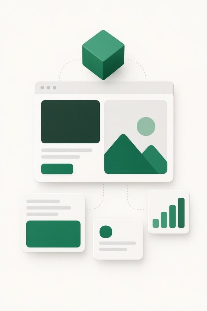 Isometric web dashboard mockup illustration showing a central window with green design elements and surrounding cards displaying charts, images, and data visualizations representing accounting software and financial analytics tools