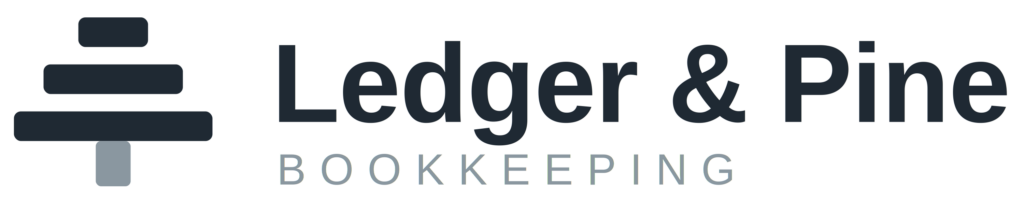 Ledger & Pine Bookkeeping logo featuring a stylized stack of books with a tree trunk design