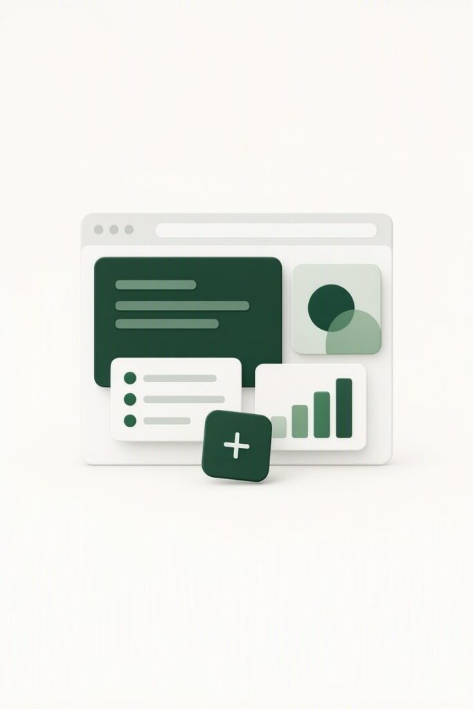 3D minimal dashboard mockup in green showing browser window with accounting analytics including charts, lists, and pie chart with plus button for adding financial data