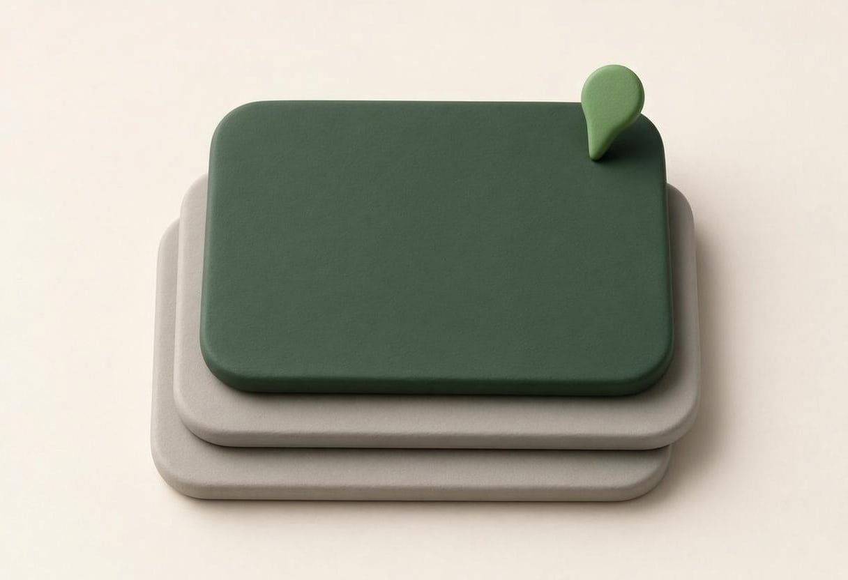 Stacked minimalist 3D rendered trays in gray and green with a small green leaf accent on top, symbolizing growth and organization for accounting services
