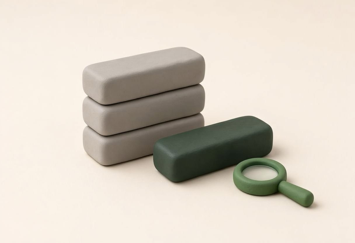 Three stacked gray soap bars next to a dark green soap bar and green magnifying glass on beige background