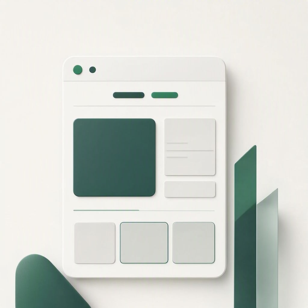 Minimalist 3D dashboard UI mockup with green and white design elements featuring a large content area, sidebar widgets, and navigation buttons