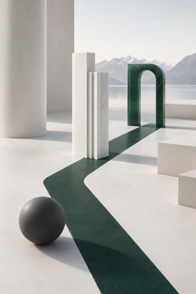 Minimalist marble and green sculptural installation with a grey sphere and winding green pathway in an alpine landscape setting