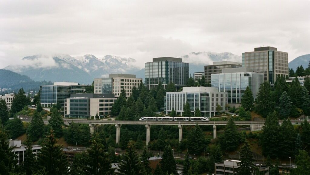 A modern urban skyline of Burnaby, BC with office towers, an elevated transit line, evergreen forests, and snow-capped mountains in the background under a cloudy sky