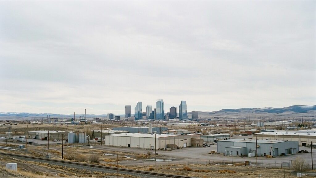 Calgary skyline viewed from industrial area with warehouses and rail yard in foreground