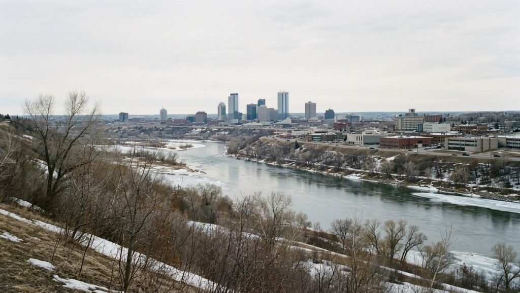 Panoramic view of Edmonton skyline with river valley and partially frozen North Saskatchewan River in winter, showcasing downtown office towers where accounting practices and financial consulting firms operate