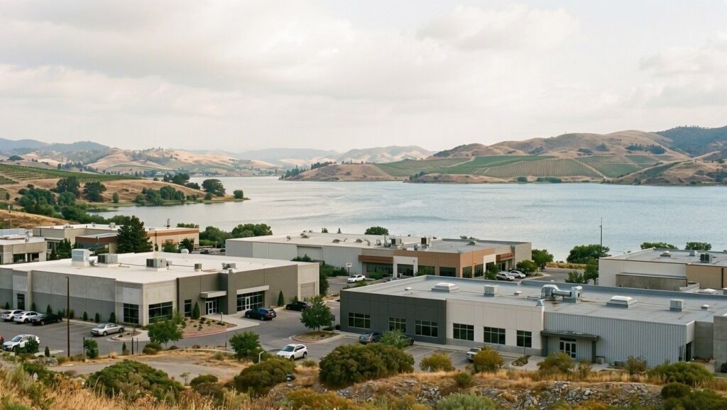 Modern accounting and bookkeeping office complex with waterfront views of a scenic lake and rolling hills in the background