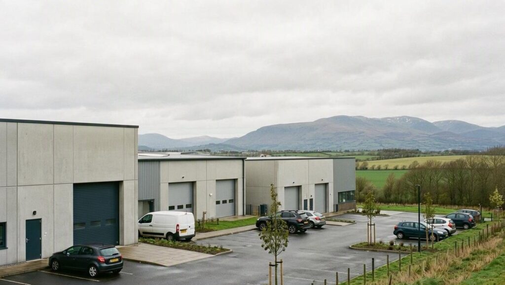 Modern industrial park with light-colored warehouse buildings, parked vehicles, and mountains visible in the background under a cloudy sky