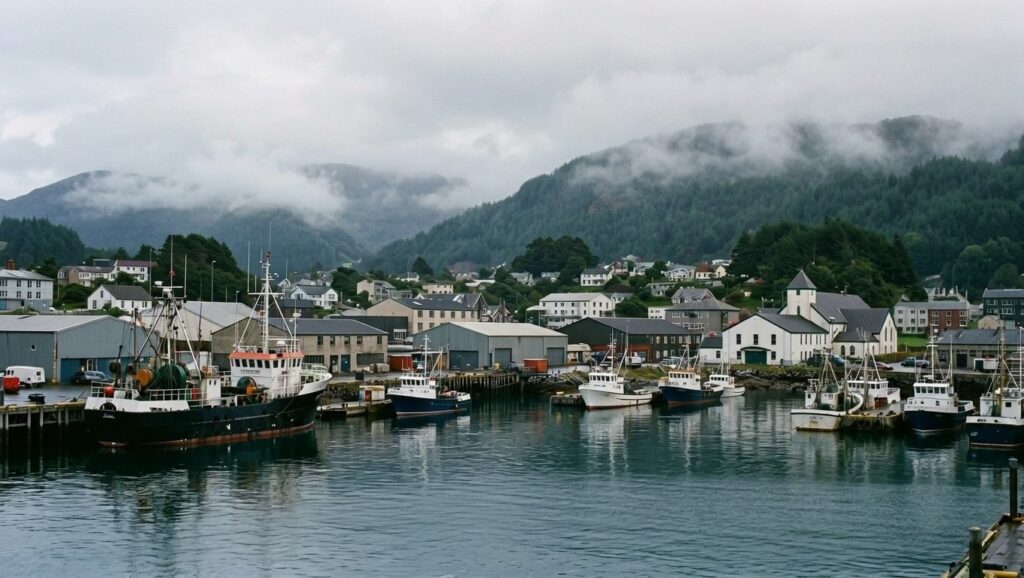 Fishing boats and commercial vessels docked in a working harbor with mountains and forested hillsides in the background, representing a coastal community