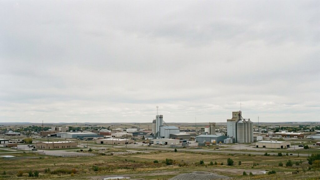 Industrial agricultural processing facility and grain elevators in Regina, Saskatchewan with sprawling prairie landscape
