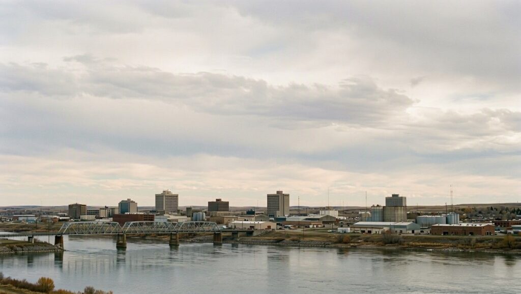 Saskatoon skyline reflected in the South Saskatchewan River with a steel bridge spanning across, featuring downtown buildings and cloudy prairie sky
