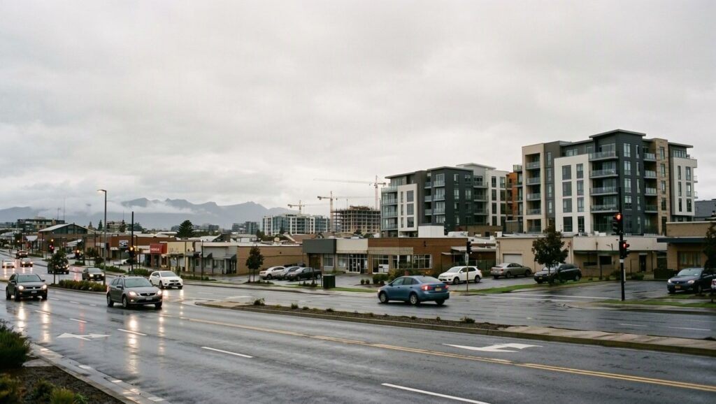 Wet street view of Surrey urban development with modern apartment buildings, construction cranes, and mountains in the background