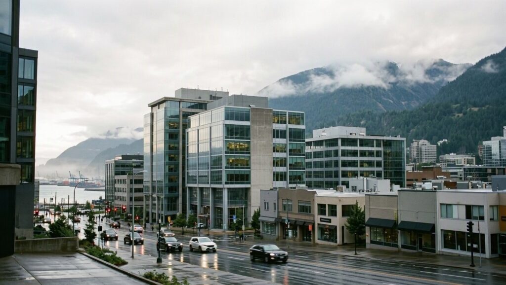 Modern accounting firm office building in downtown Vancouver with mountain backdrop and wet street