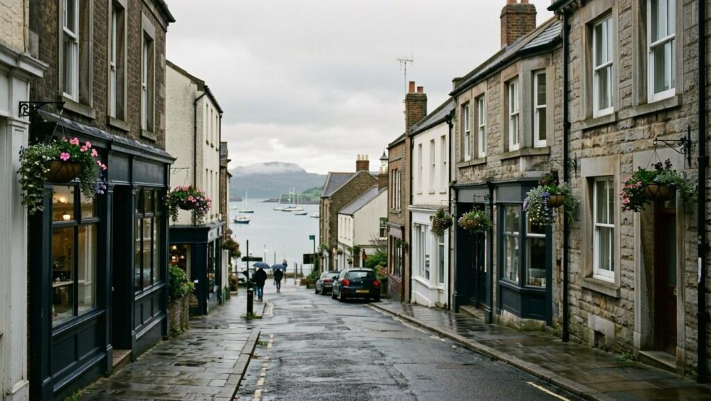 A wet cobblestone street in a Scottish coastal village with stone buildings, hanging flower baskets, and sailing boats visible in the harbor beyond, representing a charming small town community