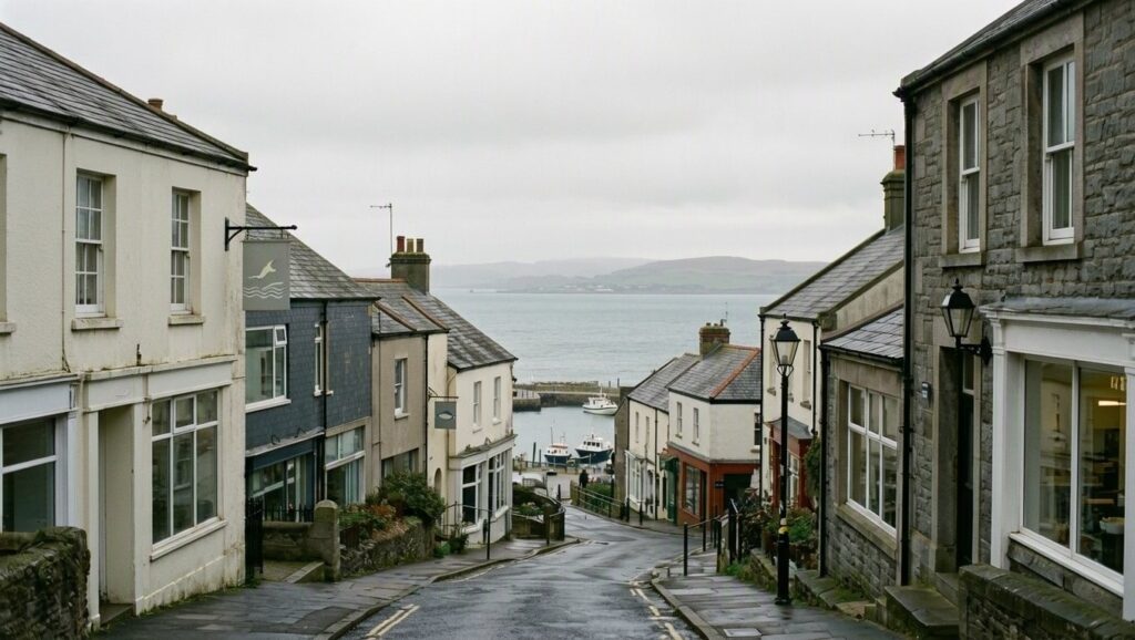 Quaint coastal village street in White Rock with historic stone and whitewashed buildings leading down to a harbor with boats and distant water views