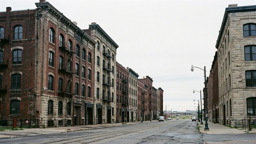 Historic brick and stone buildings lining an empty street in Winnipeg, representing the professional business district where accounting firms operate