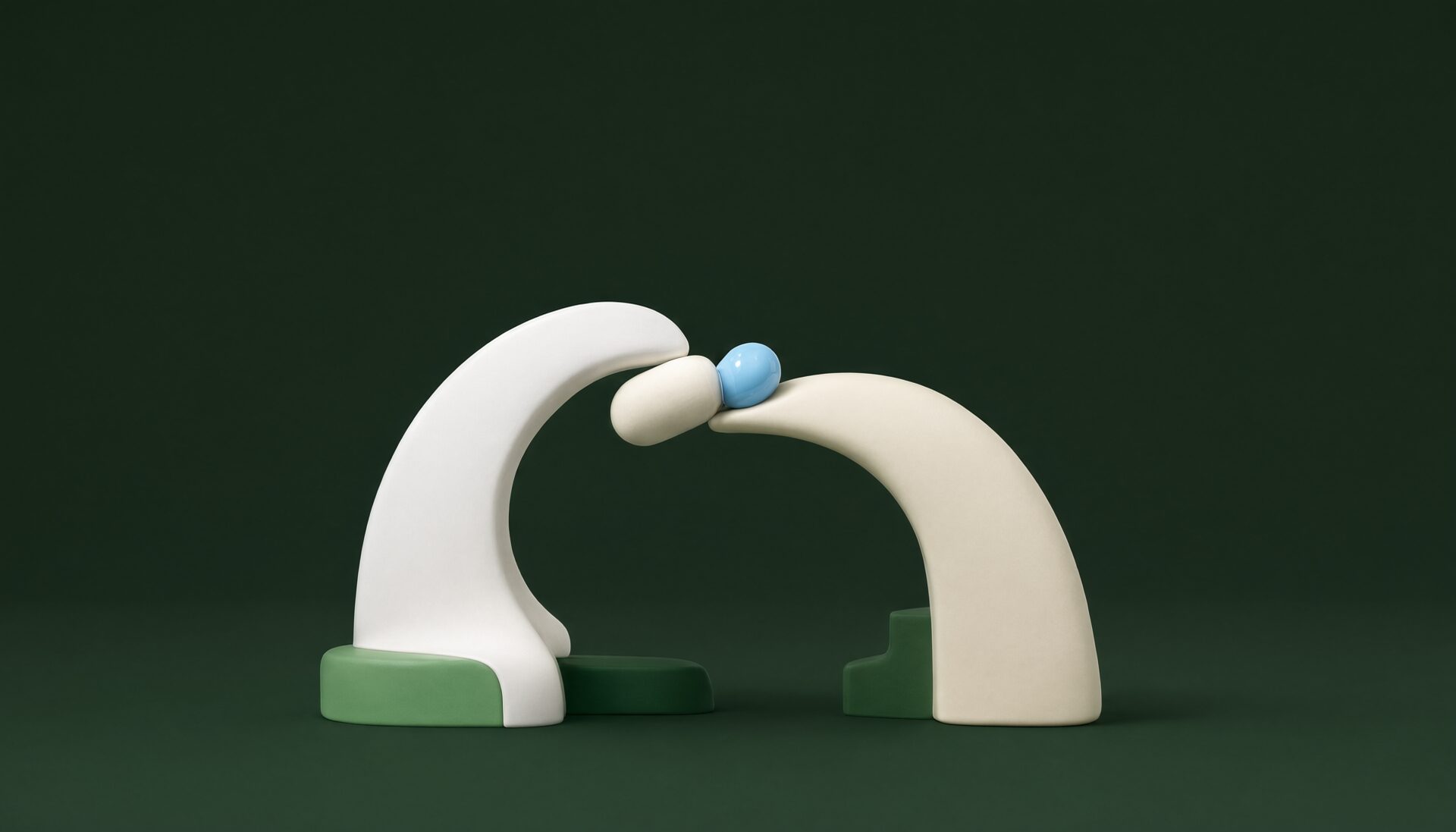 Two stylized 3D figures with arched white bodies on green bases reaching toward each other with a small blue sphere between them, symbolizing connection and collaboration