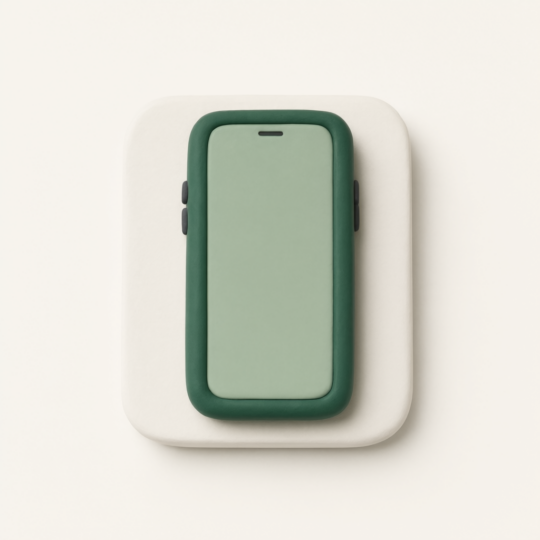 A smartphone with a green case displayed on a white rounded square background
