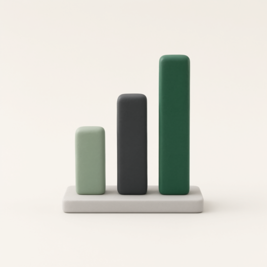 Three vertical bars in increasing height representing data growth, with light green, dark gray, and dark green colors on a light gray base