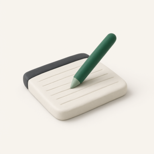 Green pen resting on a white notepad with lined pages and a dark gray handle, representing writing and note-taking for accounting services