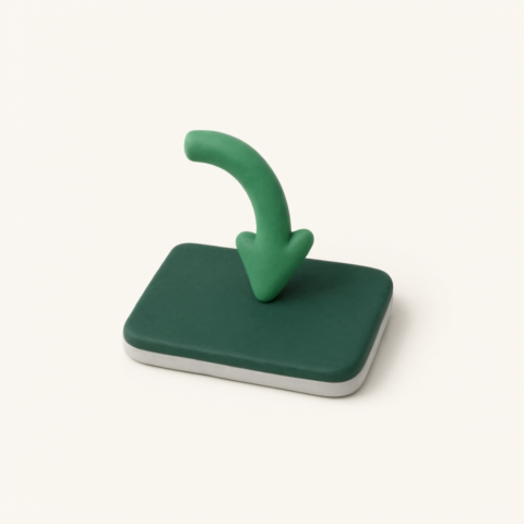 Green clay arrow curving down onto a flat dark green tile