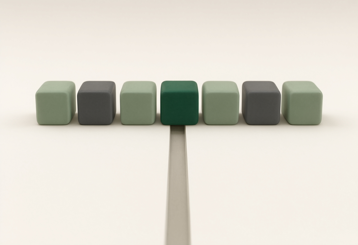 Row of seven rounded clay blocks in sage green and grey, with a dark green block in the centre at the end of a narrow path